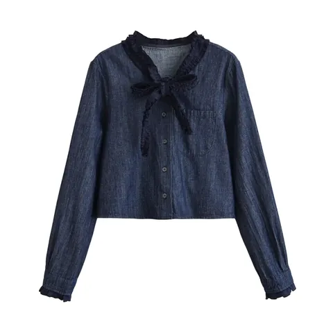 Women's Casual Denim Two Piece Set Cropped Bow Tie Ruffle Top And Wide Leg Wrap Skirt Pants Solid Color Streetwear Denim Co-ords