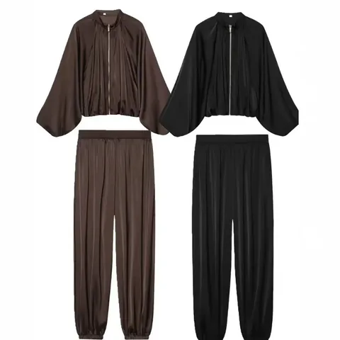 Women's Western Satin Puff Sleeve Bomber Jacket and Lantern Harem Pants Top and Bottom Casual High Gloss Outfit