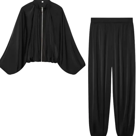 Women's Western Satin Puff Sleeve Bomber Jacket and Lantern Harem Pants Top and Bottom Casual High Gloss Outfit