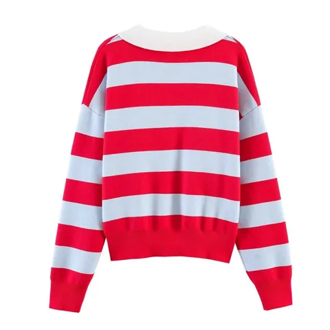 Women Casual Color Block Striped Knit Sweater Polo Collar V Neck Long Sleeve Pullover Autumn Winter Fashion Top