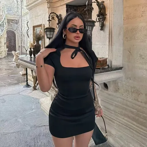 Mujer Vestido Mini de Lunares Calado Cordones Lazo Cuello Sexy Manga Corta Poliéster Ajustado Acampanado Vestido Moda Verano Vestido Bodycon