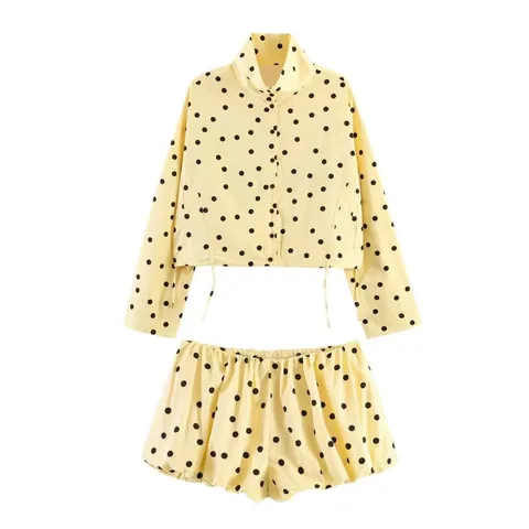 Ensemble Décontracté à Pois pour Femme Haut Court à Manches Longues et Short Ballon Ensemble Deux Pièces Assorti Tenue de Mode