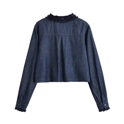 Women's Casual Denim Two Piece Set Cropped Bow Tie Ruffle Top And Wide Leg Wrap Skirt Pants Solid Color Streetwear Denim Co-ords