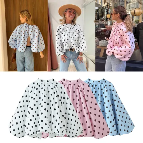 Camicetta Donna a Pois Moda Fiocco Collo Alto Manica a Lanterna Schiena Scoperta Top Elegante Stile Streetwear Camicia Manica Lunga