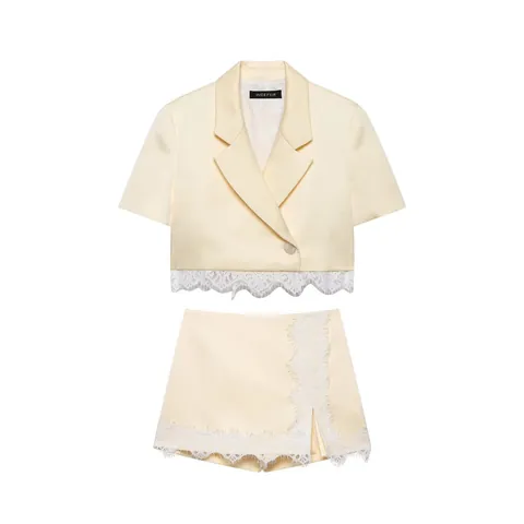 Women Short Sleeve Lace Patchwork Pleated Blazer Top And Skort Bottom Cream Beige Elegant Casual Office Matching Set Style