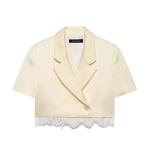 Women Short Sleeve Lace Patchwork Pleated Blazer Top And Skort Bottom Cream Beige Elegant Casual Office Matching Set Style