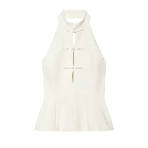 Damen Neckholder Top mit chinesischen Knotenkörnern Weiß Ärmellos Ausschnitt Rückenfrei Mode Slim Fit Weste Top