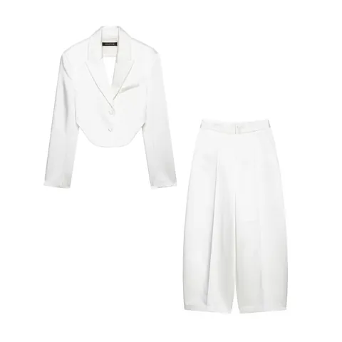 Giacca Corta Sexy in Tessuto Satinato da Donna e Pantaloni a Gamba Larga Poliestere Senza Schienale Bianco Elegante Streetwear Parte Superiore e Inferiore