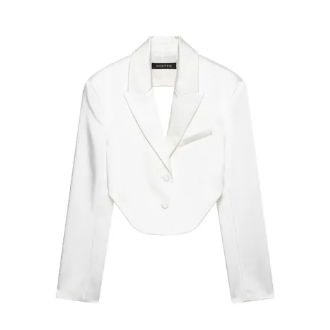 Giacca Corta Sexy in Tessuto Satinato da Donna e Pantaloni a Gamba Larga Poliestere Senza Schienale Bianco Elegante Streetwear Parte Superiore e Inferiore