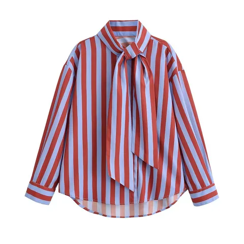 Blusa Casual de Rayas para Mujer Ajuste Holgado Manga Larga Abotonadura Sencilla Lazo en Cuello Rojo Azul Patchwork Top