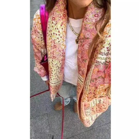 Bohemian Blumen Patchwork Steppjacke Damen Casual Revers Langarm Top Herbst Winter Mode Druck Außenbekleidung Lockere Kleidung