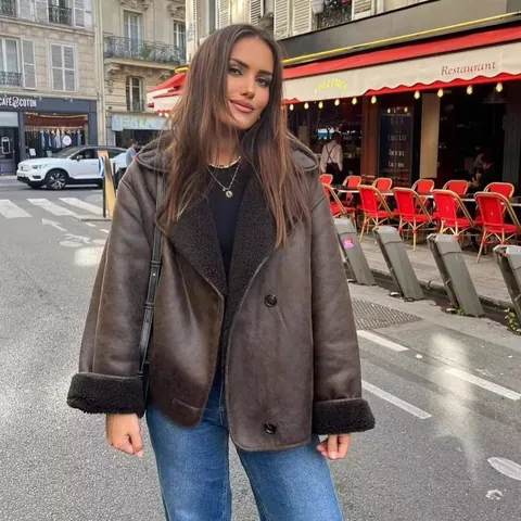 Women's Faux Leather Shearling Jacket Oversized Lapel Patchwork Coat Artificial Lamb Wool Lined Winter Warm Streetwear Outwear Top