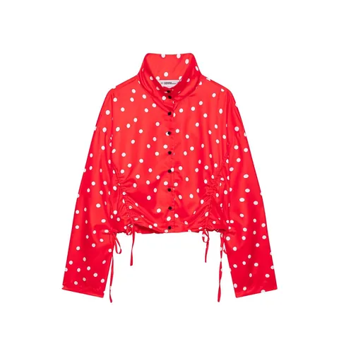Set Due Pezzi Donna Stampa a Pois Giacca con Zip a Collo Alto e Pantaloncini Streetwear Moda Effetto Satin Top e Parte Inferiore
