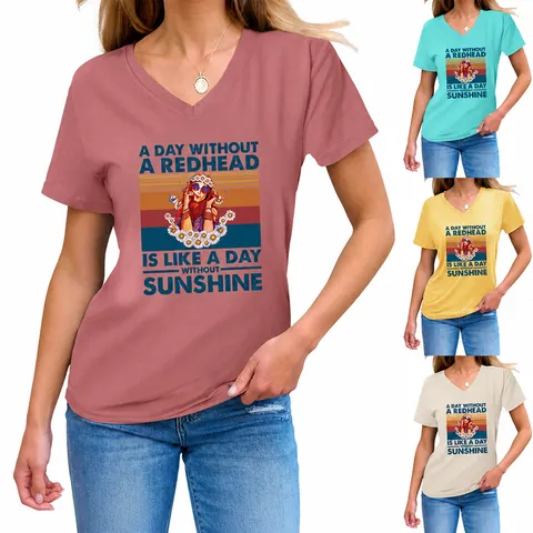 Damen V-Ausschnitt Kurzarm T-Shirt Casual Baumwollmischung Top Mit Vintage Rotschopf Grafik Druck Retro Mode Tee