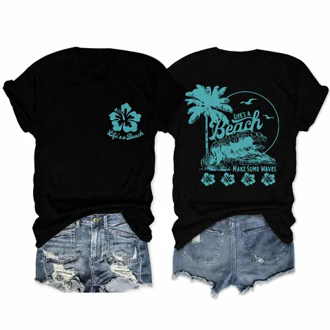 Women Casual Cotton Blend Round Neck T-Shirt Life's A Beach Palm Tree Waves Graphic Print Short Sleeve Top For Holiday