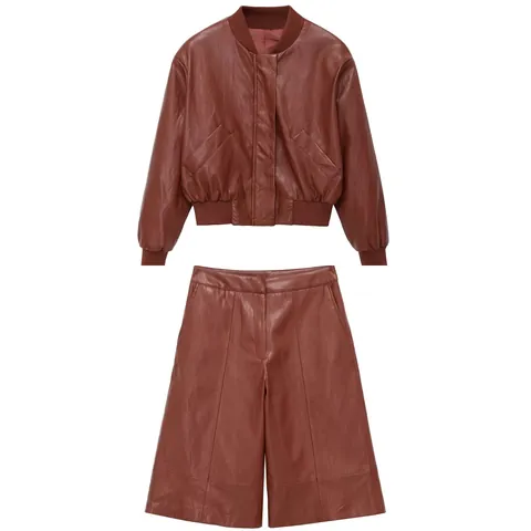 Femme Top And Bottom Ensemble en Similicuir Veste Bomber à Fermeture Éclair et Short à Taille Haute Jambe Large Mode