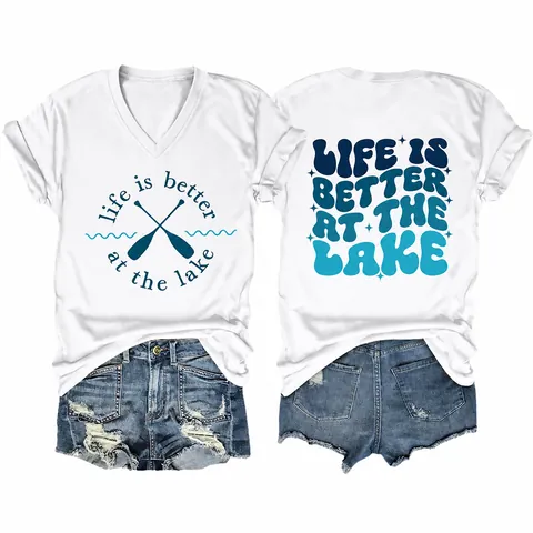 Women V Neck Short Sleeve T-Shirt Graphic Slogan Lake Print Cotton Western Casual Summer Top Daily Wear Fashion