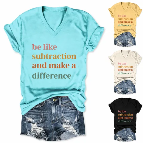 Women Casual Cotton Blend V-Neck Short Sleeve T-Shirt Loose Fashion Slogan Printed Letter Top Summer Clothing
