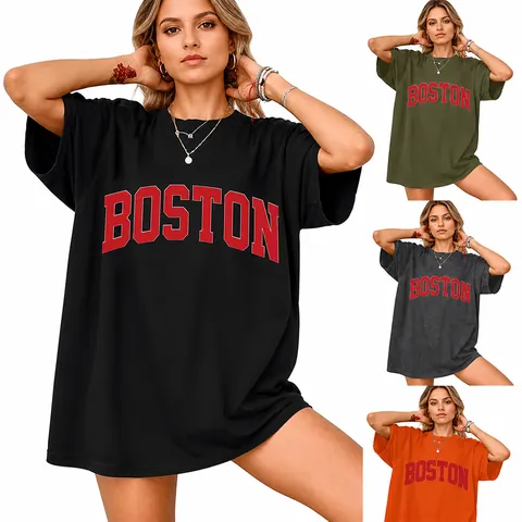 Dames Casual Oversized Korte Mouw T-Shirt Katoenmix Ronde Hals Top Met Boston Letterprint Vintage Streetwear Graphic Tee
