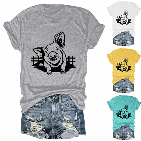 T-Shirt Décontracté pour Femmes Imprimé Tête de Cochon Col Rond Manches Courtes Top Mélange de Coton Confortable