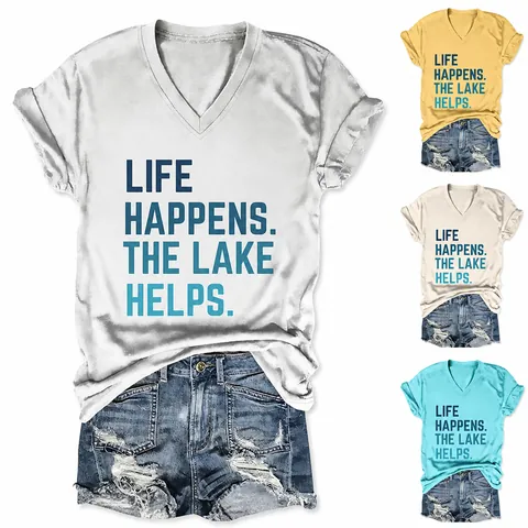 Dames Casual Katoenen V-hals T-shirt met Korte Mouwen Heathered Letterprint Top Zijknoop Life Happens Lake Helps Graphic Tee