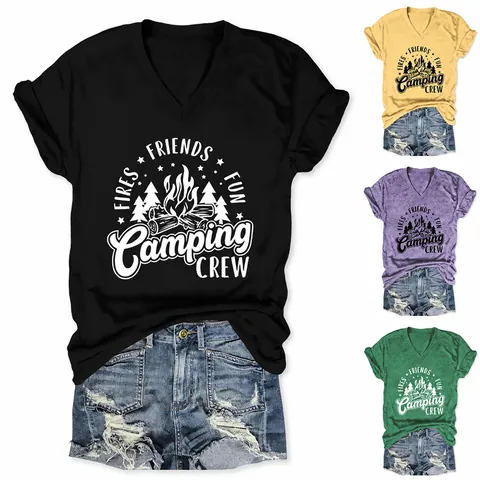Women's Casual Cotton V Neck Short Sleeve T Shirt Vintage Camping Crew Graphic Printed Top Pullover Loose Summer Tee