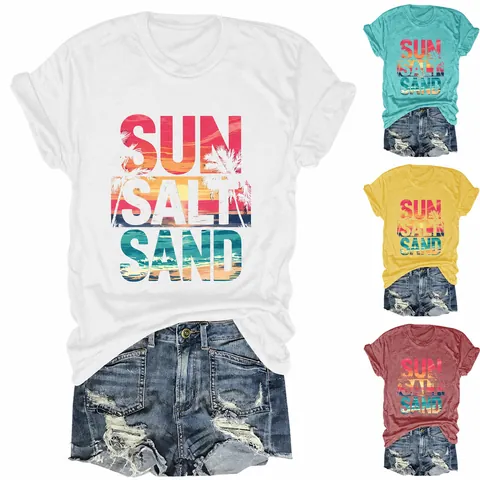 Γυναικείο Casual T-Shirt από Μείγμα Βαμβακιού Τύπωμα Sun Salt Sand Κοντό Μανίκι Στρογγυλή Λαιμόκοψη Καλοκαιρινό Μπλουζάκι Διακοπών