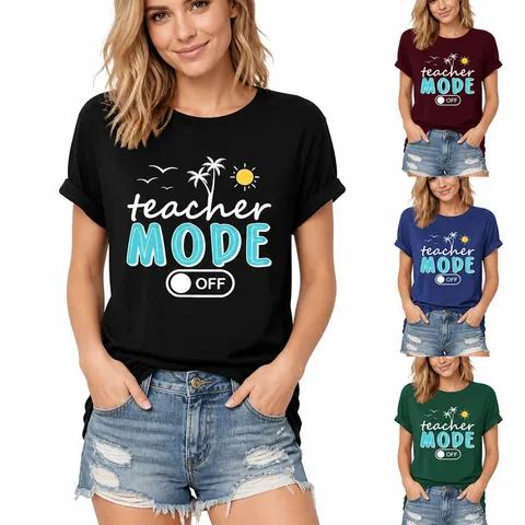 Camiseta Gráfica Teacher Mode Off para Mujer Casual de Manga Corta Cuello Redondo Top de Algodón Moda de Verano Impresión de Letras Mujer