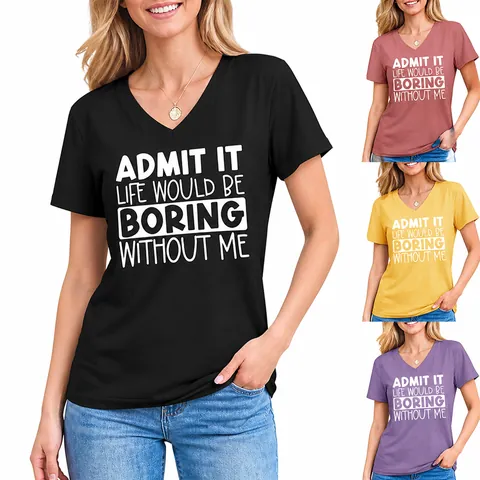Γυναικείο Casual T-Shirt με Λαιμόκοψη V Κοντό Μανίκι Βαμβακερό Τυπωτό Eslogan Μόδας Χαλαρό Top Καλοκαιρινό Ρούχο