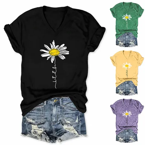 Women Casual V Neck Short Sleeve Cotton Blend T-Shirt Daisy Let It Be Graphic Print Summer Elegant Commuting Loose Top