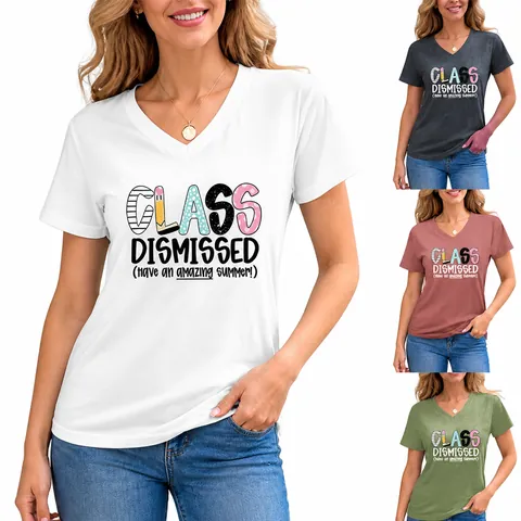 Class Dismissed Graphic Women V Neck T-Shirt Cotton Blend Short Sleeve Top Fashion Casual Summer Printed Tee For School Daily Wear
