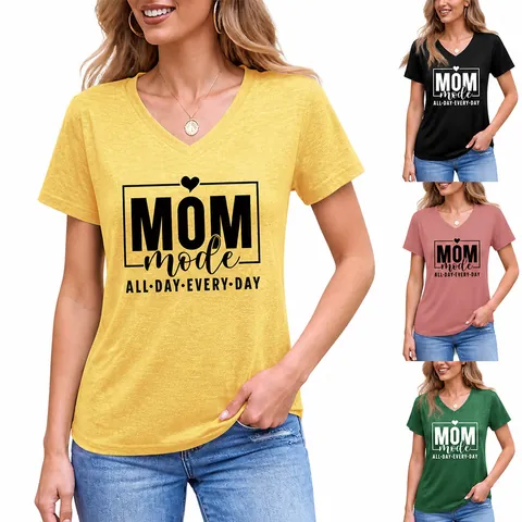 Women's V-Neck Short Sleeve T-Shirt Cotton Blend Printed Mom Mode All Day Every Day Casual Loose Fit Graphic Tee Top