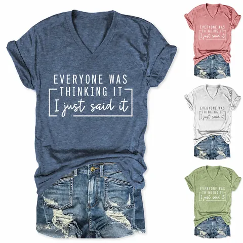 Maglietta da Donna Casual in Cotone Scollo a V Manica Corta con Stampa Slogan Minimalista Summer Graphic Tee Top