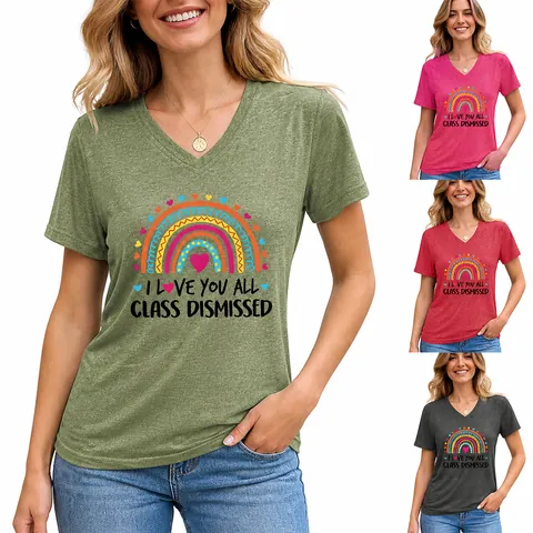 Women Casual Cotton V-Neck Short Sleeve T-Shirt Rainbow Letter Print Loose Comfortable Graphic Tee Summer Top