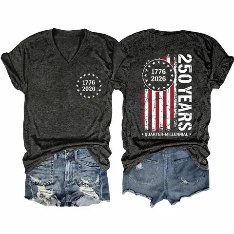 Γυναικείο Casual Βαμβακερό T-Shirt με Λαιμόκοψη V Γραφικό Τύπωμα 250η Επέτειος ΗΠΑ Χαλαρό Κοντομάνικο Τοπ για Καθημερινή Χρήση