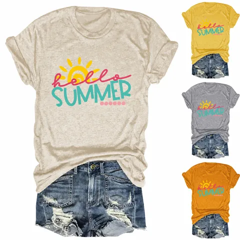 Women Casual Cotton T-Shirt Round Neck Short Sleeve Top Hello Summer Graphic Printed Tee Loose Fit Summer Fashion Clothing