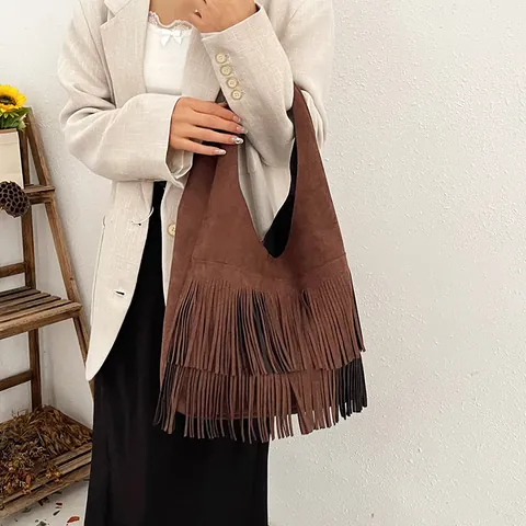 Vintage Matt Quaste Schultertasche Damen Große Kapazität Tragetasche PU Leder Boho Unterarm Taschenset