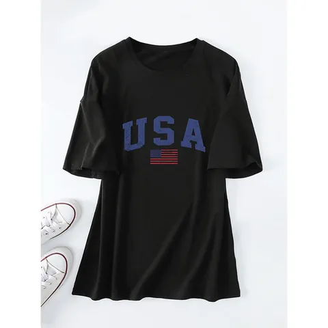 Women's Casual Cotton Blend T-Shirt Loose Fit Patriotic USA Letter US Flag Print Round Neck Short Sleeve Top Tee