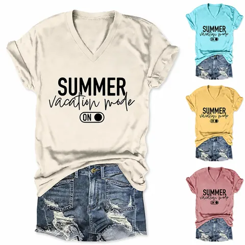 Summer Vacation Mode ON Women V-Neck Short Sleeve T-Shirt Cotton Blend Casual Graphic Tee Top For Women Summer