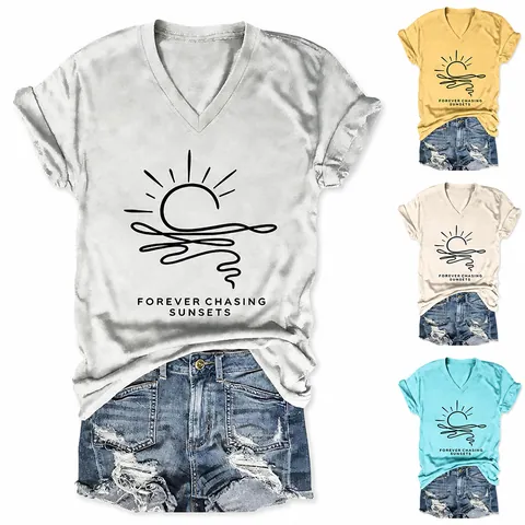 Women Casual Cotton Blend V Neck T-Shirt Forever Chasing Sunsets Printed Short Sleeve Loose Fit Vacation Beach Top Tee
