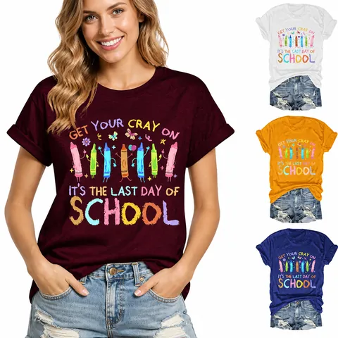 Dames Casual Katoenmix Losse Ronde Hals T-Shirt Cartoon Krijt Bedrukt Korte Mouw Top Voor Schoolseizoen