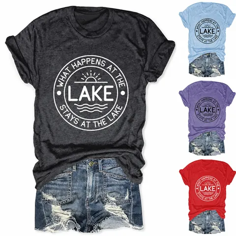Women's Casual Cotton Blend Round Neck Short Sleeve T-Shirt Graphic Print Loose Top For Summer Lake Vacation Daily Wear