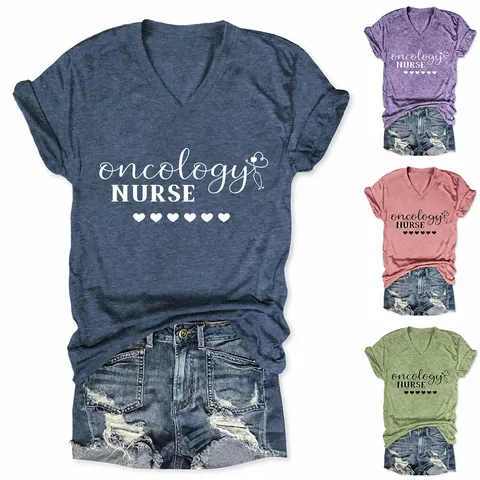 Damen V-Ausschnitt Kurzarm Oncology Nurse Bedrucktes T-Shirt Casual Baumwolle Top Stethoskop Herz Medizinische Fachbekleidung