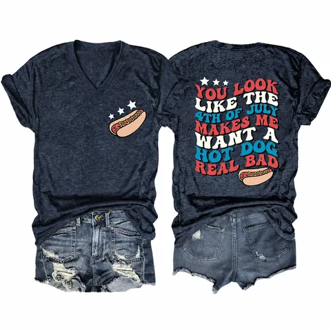 Damen Amerikanischer Unabhängigkeitstag Hotdog-Druck V-Ausschnitt Kurzarm T-Shirt Vintage Grafik Lockeres Baumwollmix Top Feiertagsshirt