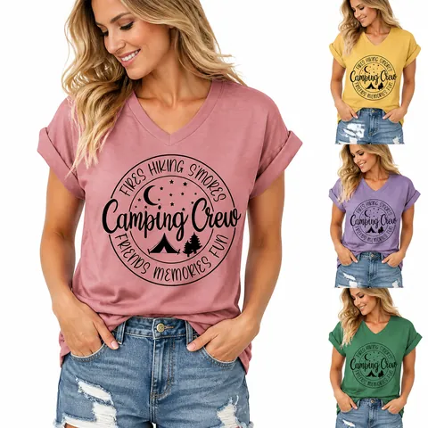 Women Casual V Neck Short Sleeve T-Shirt Cotton Blend Camping Crew Printed Graphic Tee Top For Outdoor Hiking Camping Daily