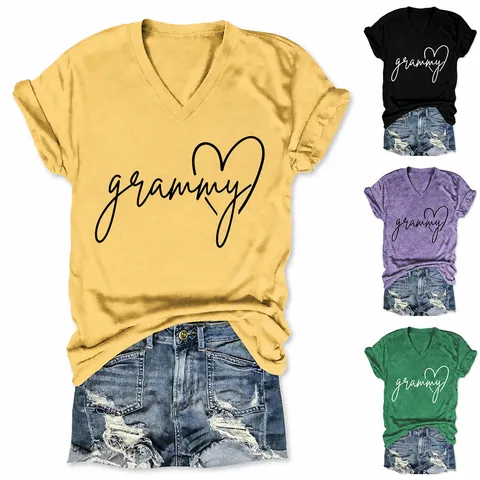 Maglietta da Donna Casual Minimalista con Scollo a V e Maniche Corte in Misto Cotone Basic Grammy Heart Print
