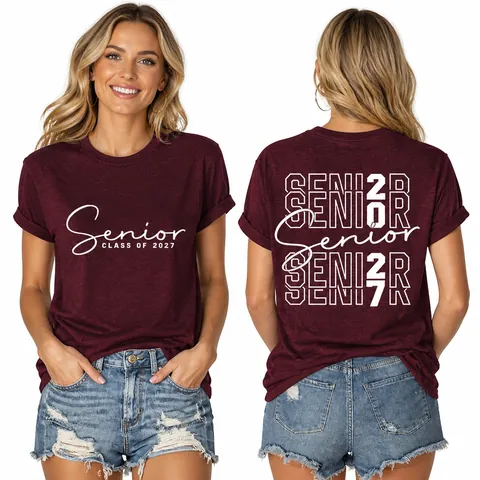 Women Casual Cotton Blend Printed T-Shirt Senior Class Of 2027 Round Neck Short Sleeve Loose Fit Graduation Top For Women