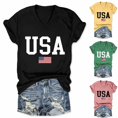 Women Casual V-Neck USA Flag Pentagram Printed Cotton T-Shirt Fashion Short Sleeve Loose Summer Graphic Top For Daily Wear