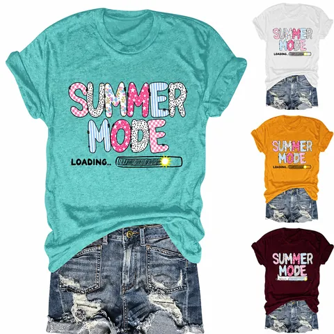 Γυναικείο Casual Βαμβακερό T-Shirt με Στρογγυλή Λαιμόκοψη και Κοντό Μανίκι Summer Mode Loading Τυπωμένο Τοπ Χαλαρή Εφαρμογή
