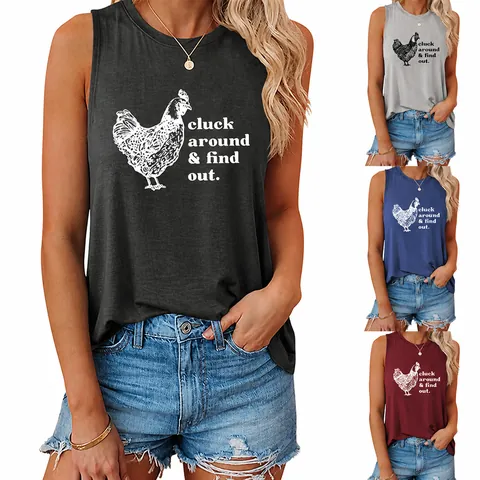 Women Casual Sleeveless T-Shirt Cotton Polyester Blend Rooster Print Round Neck Slim Fit Summer Tank Top Women Clothing